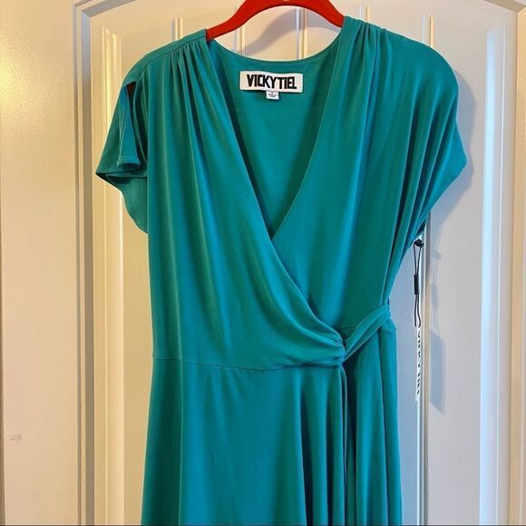 Vicky Tiel Vintage Teal Green Flutter Sleeve V-Neck Wrap Dress; SZ S; BNWT - Picture 4 of 10